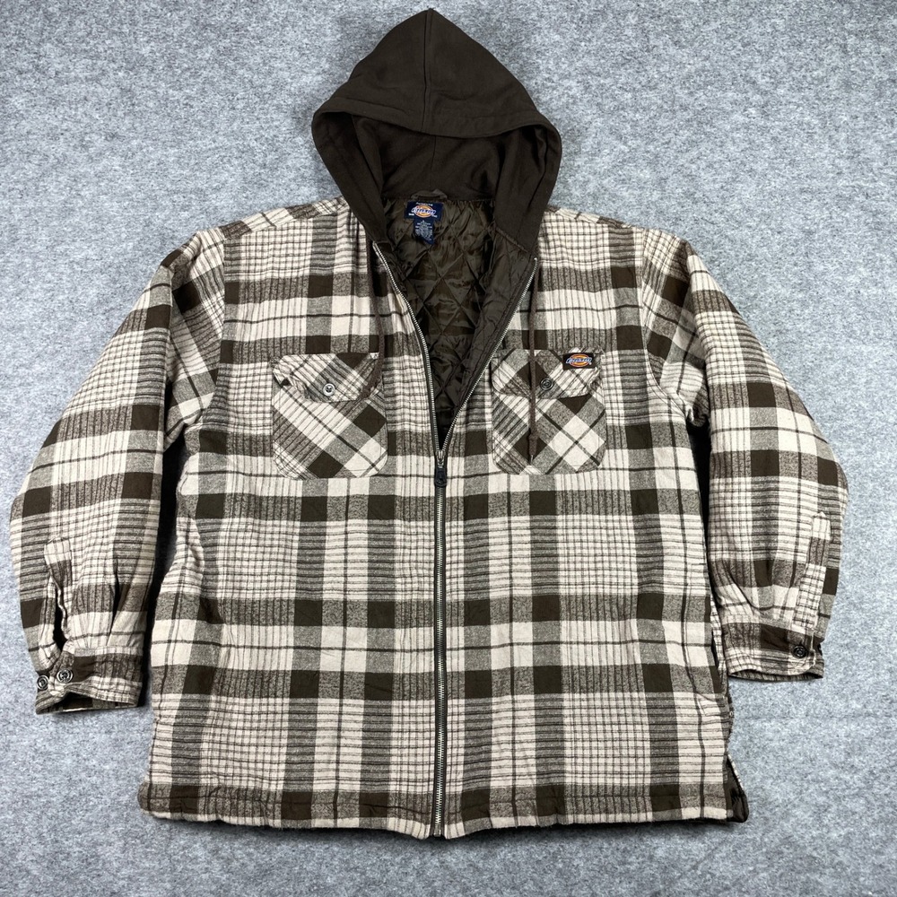 Dickies Hooded Shirt Jacket Mens L Brown Plaid Quilted Lined Full Zip Workwear